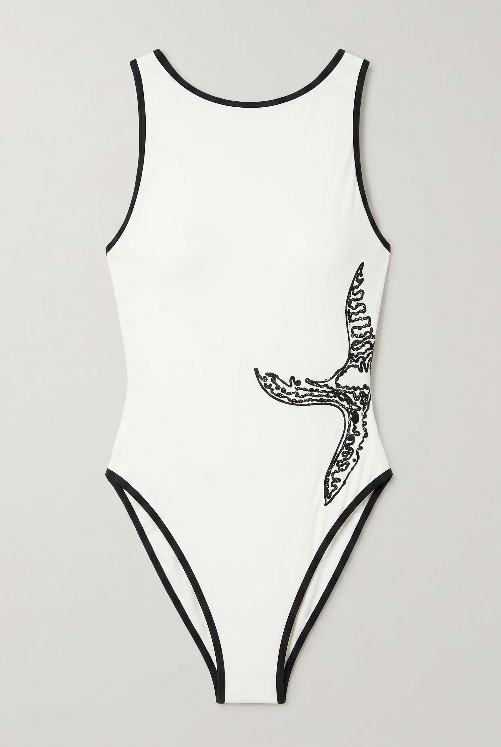 Flat lay of Haylis one-piece back showing deep scoop neckline and black piping
